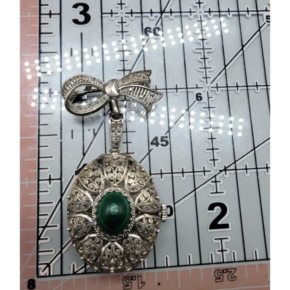 Vintage Hamilton 17J Brooch Watch 800 Silver Filigree Malachite Swiss Runs As-Is - Picture 8 of 11